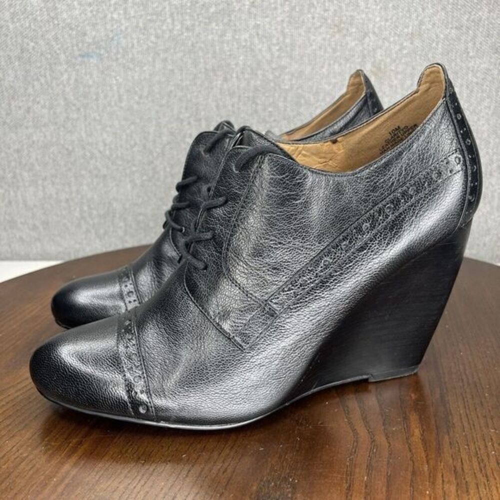 Nine West Clarityo Wedge Ankle Boots Women's 10M  Black Leather Lace‎ Up Booties